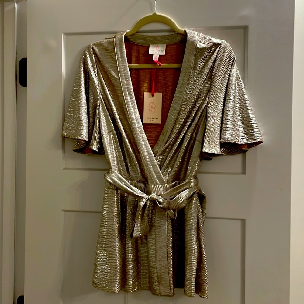 NWT women’s size M Julie Brown metallic short sleeved top with tie at waist